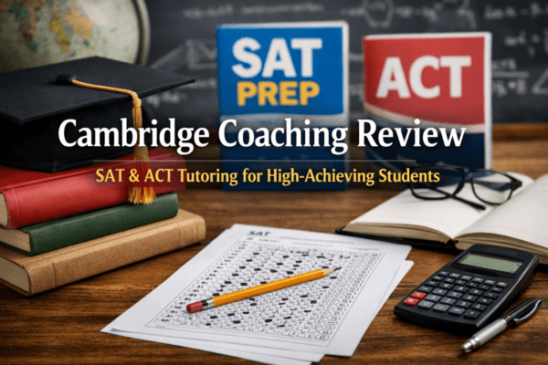 Cambridge Coaching review blog cover showing SAT and ACT prep books, exam sheet, calculator, and study materials on a desk